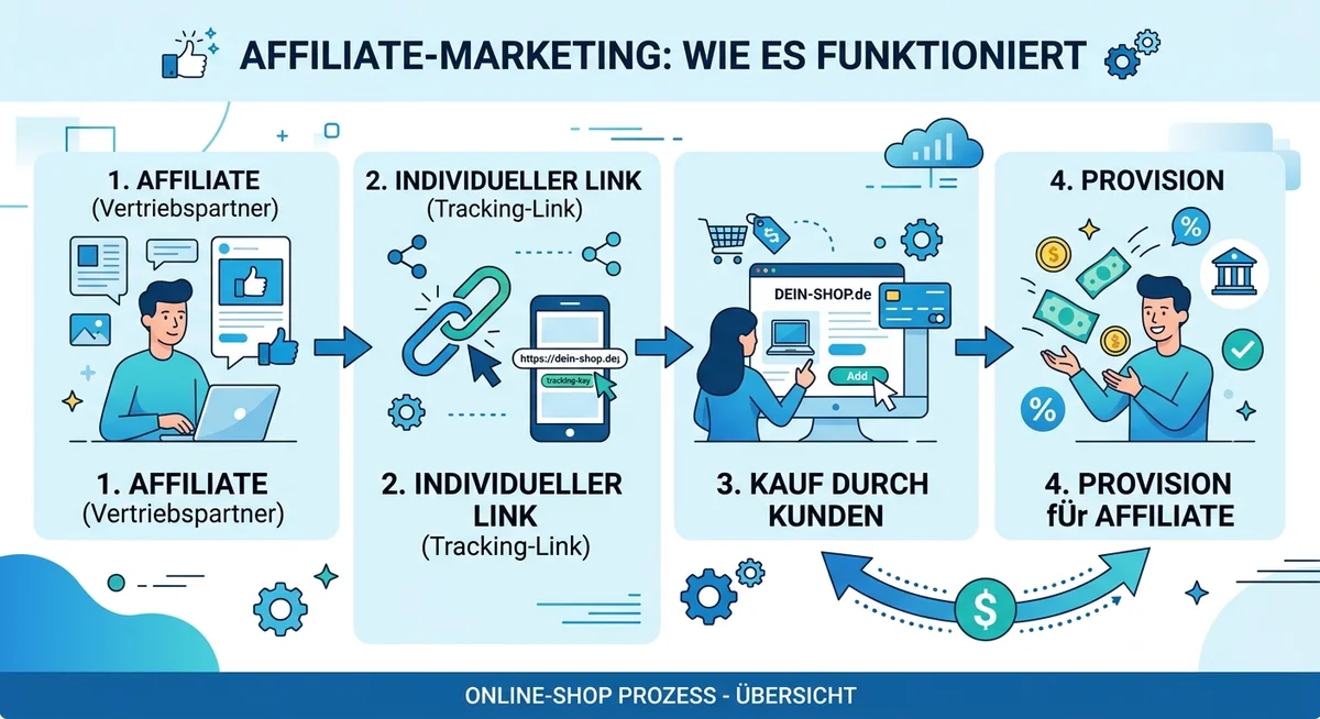 Affiliate Marketing Onlineshop Infografik Affiliate Marketing — Wie es für Onlineshops funktioniert