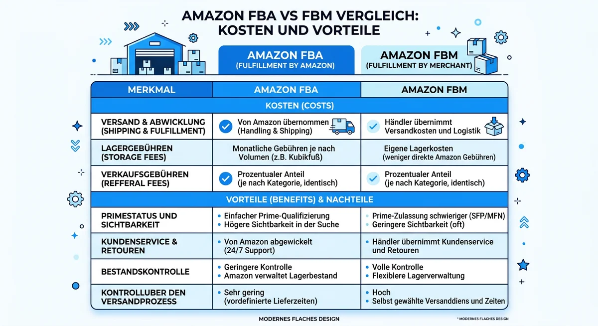 Amazon FBA FBM Vergleich Infografik Amazon FBA vs FBM — Vergleich für Onlineshop-Betreiber
