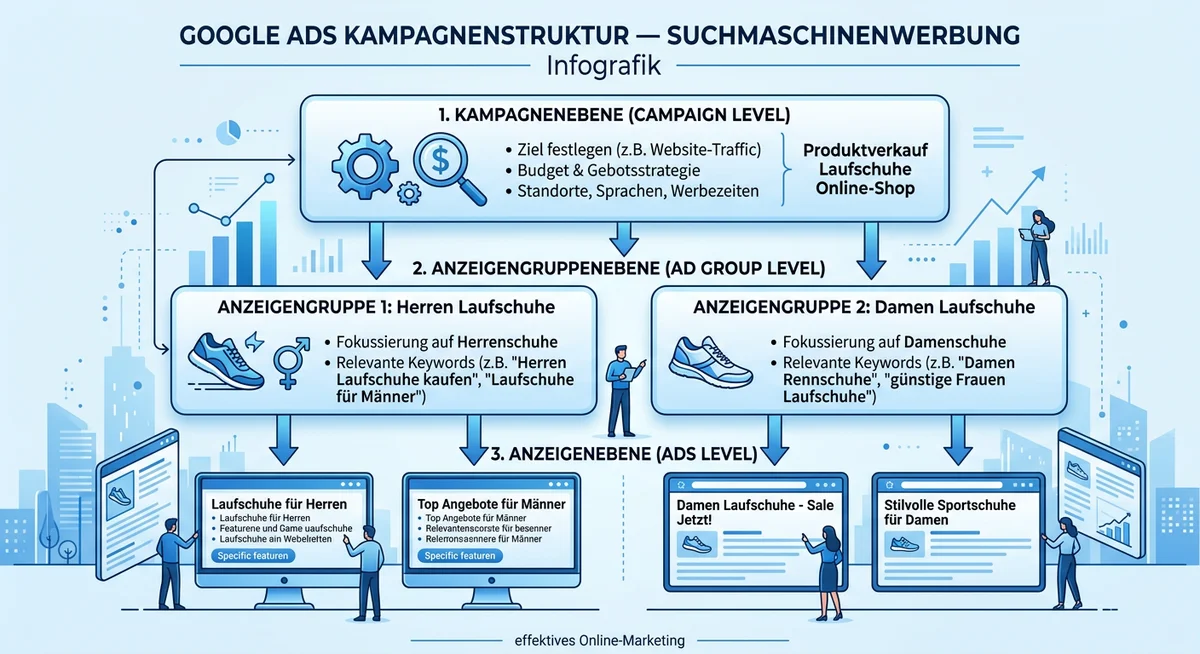 Google Ads Kampagnenstruktur Infografik Google Ads Kampagnenstruktur — Suchmaschinenwerbung für Onlineshops
