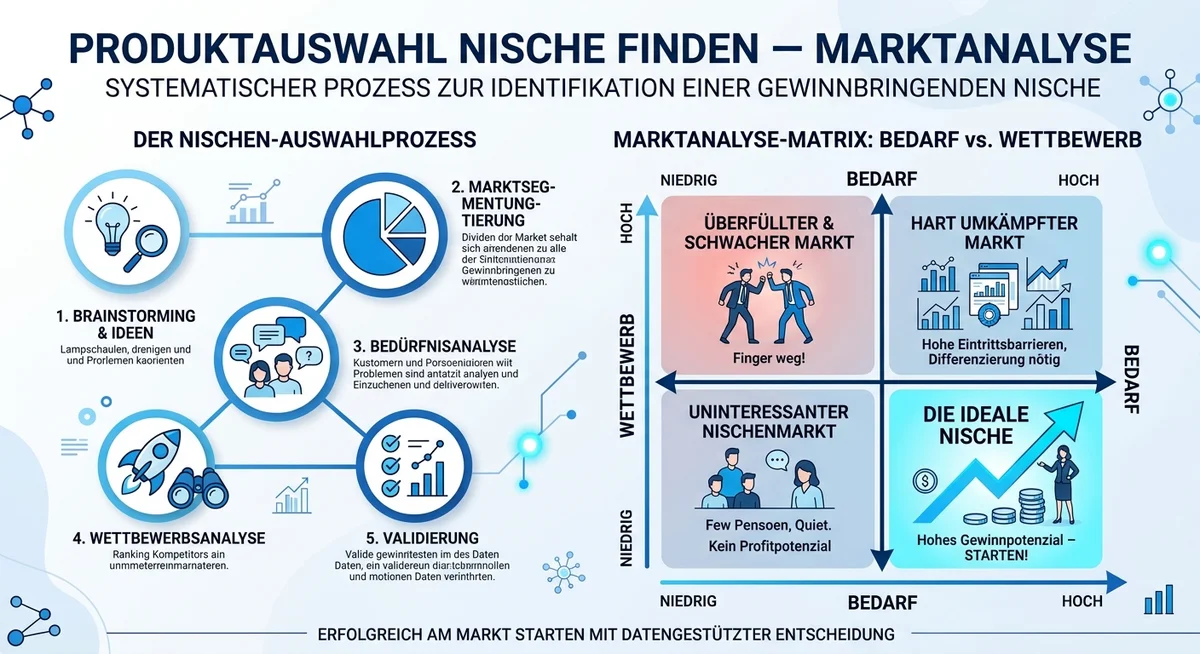 Produktauswahl Nische finden Infografik Produktauswahl und Nischenfindung — Marktanalyse für Onlineshops