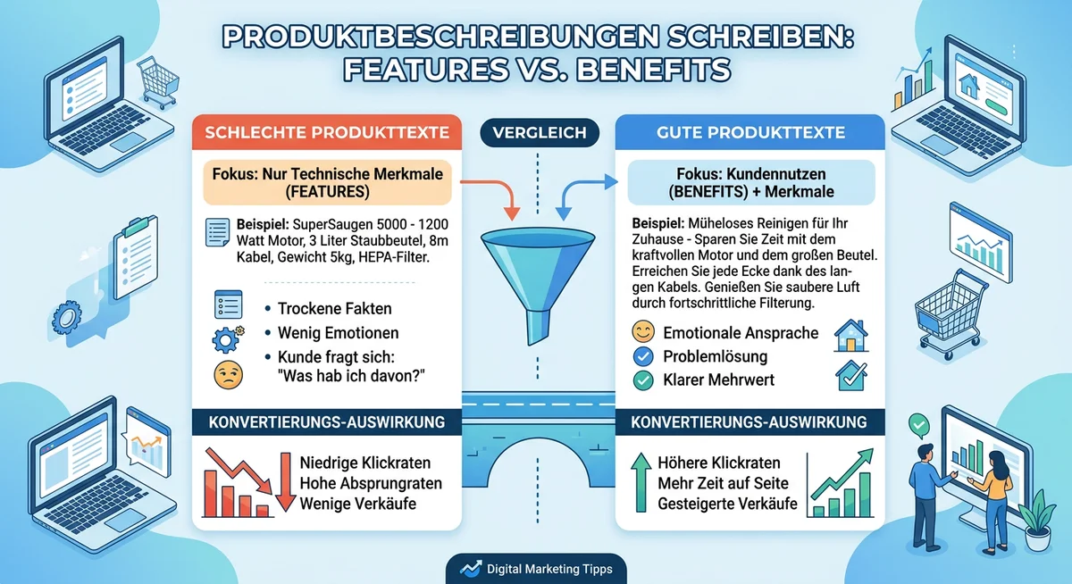 Produktbeschreibungen — Features vs Benefits Vergleich