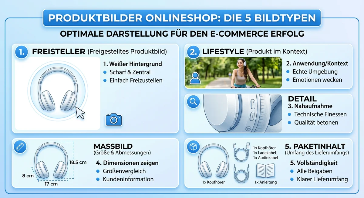 Produktbilder Onlineshop Infografik Produktbilder Onlineshop — 5 Bildtypen: Freisteller, Lifestyle, Detail, Maßbild, Paketinhalt
