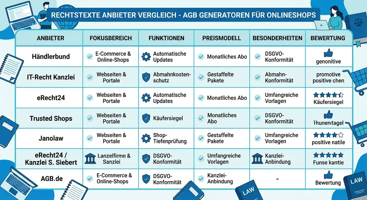 Rechtstexte Anbieter Vergleich Infografik Rechtstexte Anbieter Vergleich — AGB Generatoren für Onlineshops