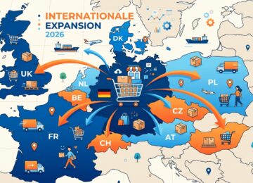 Internationaler Onlineshop 2026: Europakarte mit Versandpfeilen und Shopping-Icons