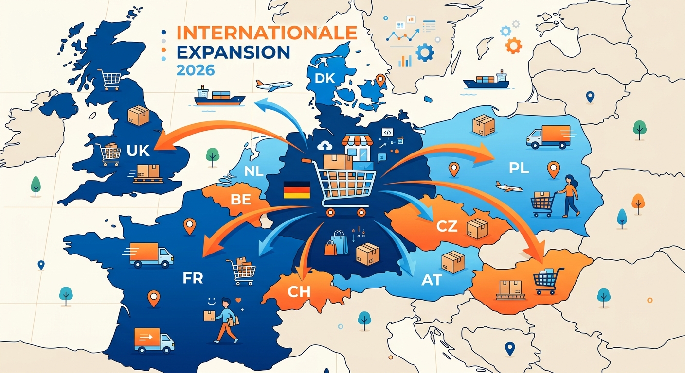 Internationaler Onlineshop 2026: Europakarte mit Versandpfeilen und Shopping-Icons