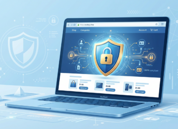 DSGVO Datenschutz im Onlineshop 2026: Laptop mit Schutzschild-Symbol