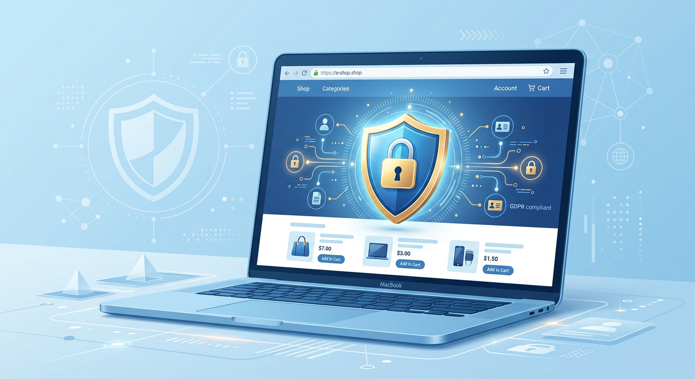 DSGVO Datenschutz im Onlineshop 2026: Laptop mit Schutzschild-Symbol