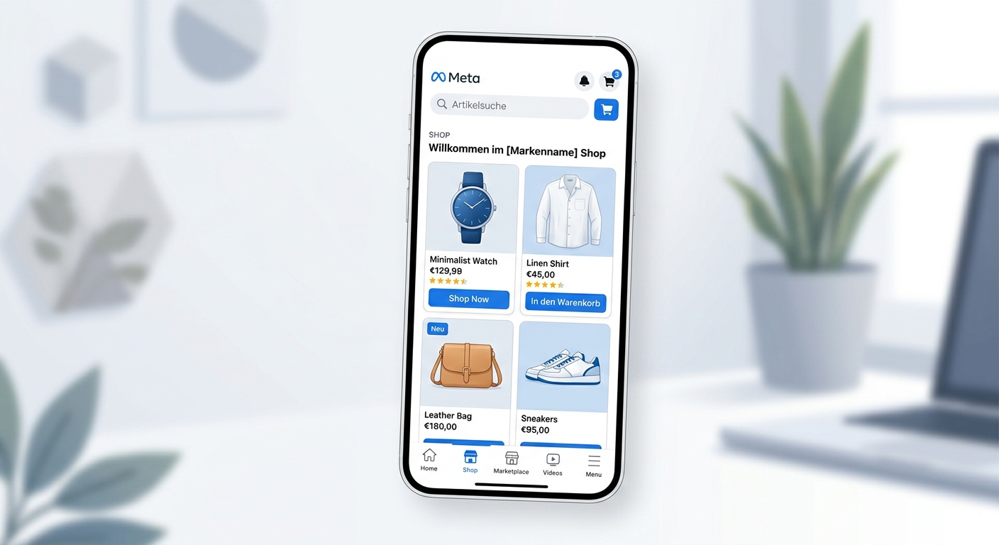 Facebook Shop erstellen 2026: Smartphone mit Facebook Shopping Interface und Produktkarten