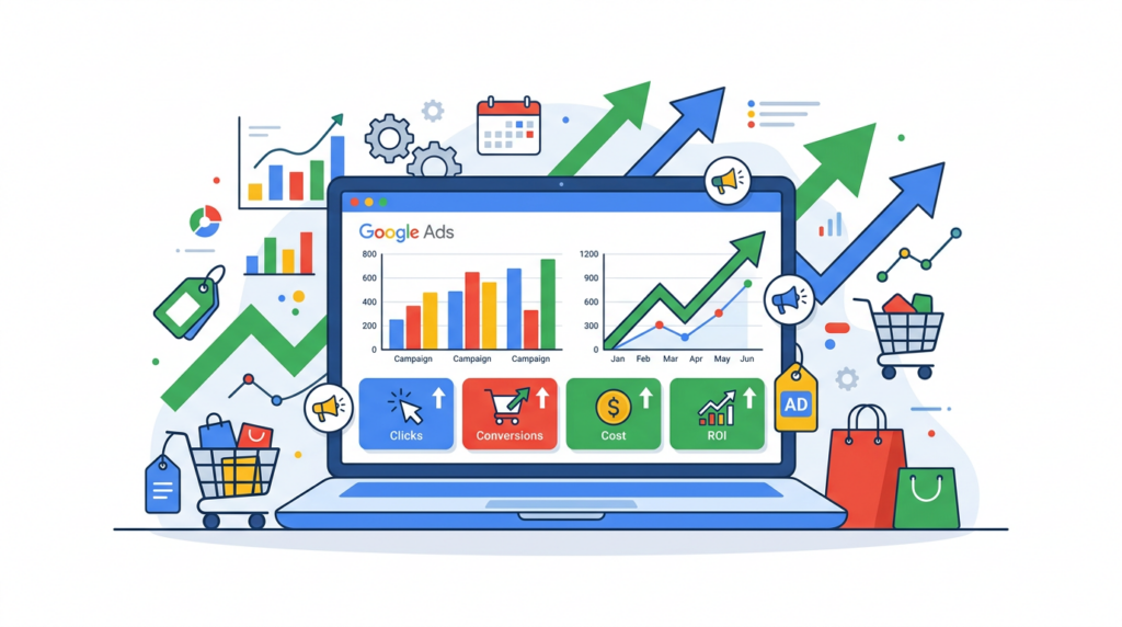 Google Ads Dashboard für Onlineshops mit Kampagnen-Metriken und Shopping-Anzeigen
