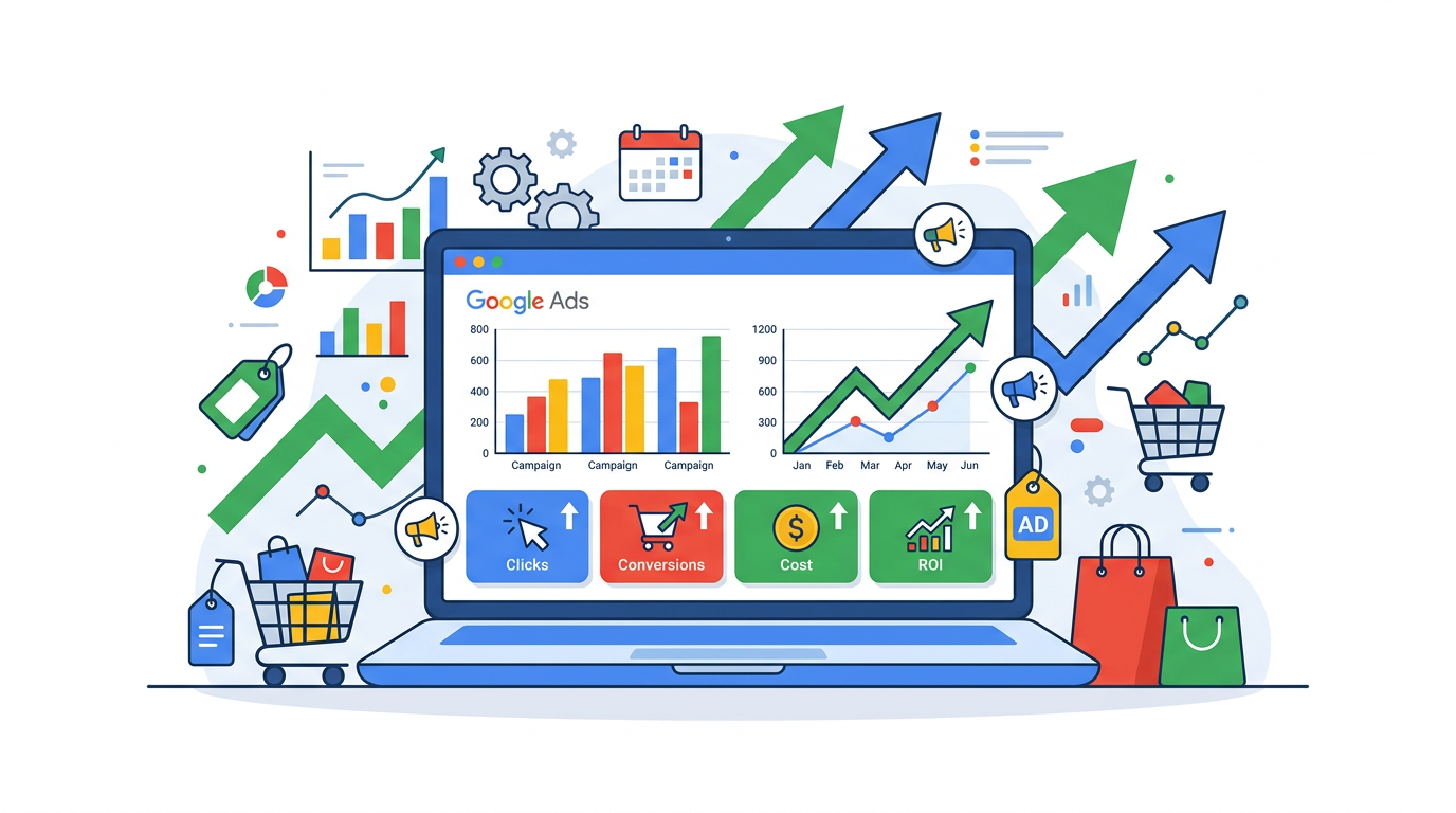 Google Ads Dashboard für Onlineshops mit Kampagnen-Metriken und Shopping-Anzeigen