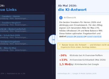 Infografik: Vergleich klassische Google-Suche mit 10 blauen Links (1998–2026) versus KI-Antwort ab Mai 2026