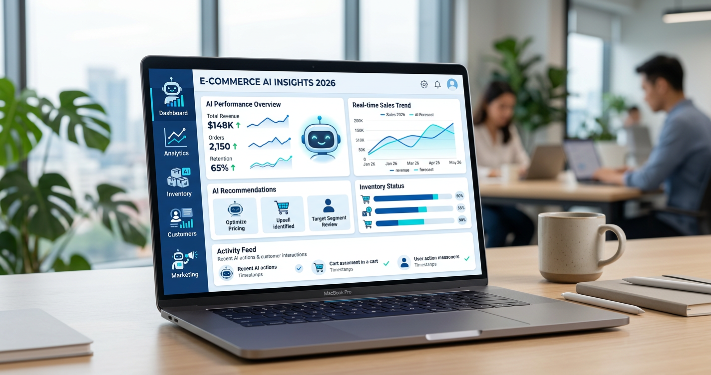 KI-Tools für Onlineshops 2026 - Dashboard mit KI-Assistent und E-Commerce-Daten