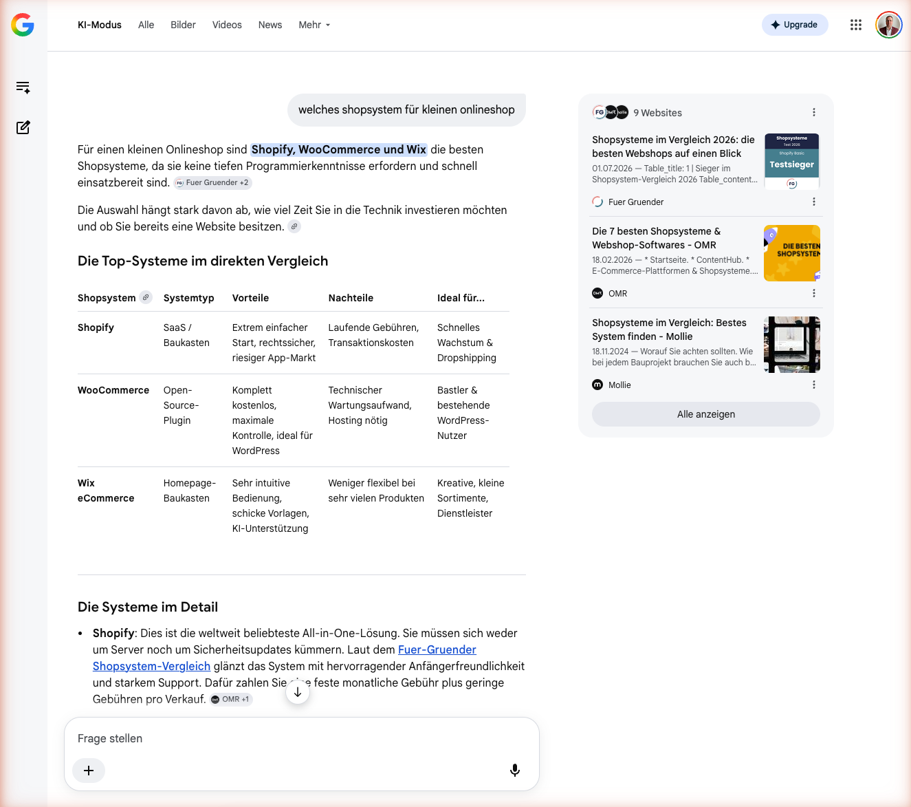 Google AI Mode beantwortet eine Shopsystem-Frage direkt in der Suche, ohne Klick auf eine Website