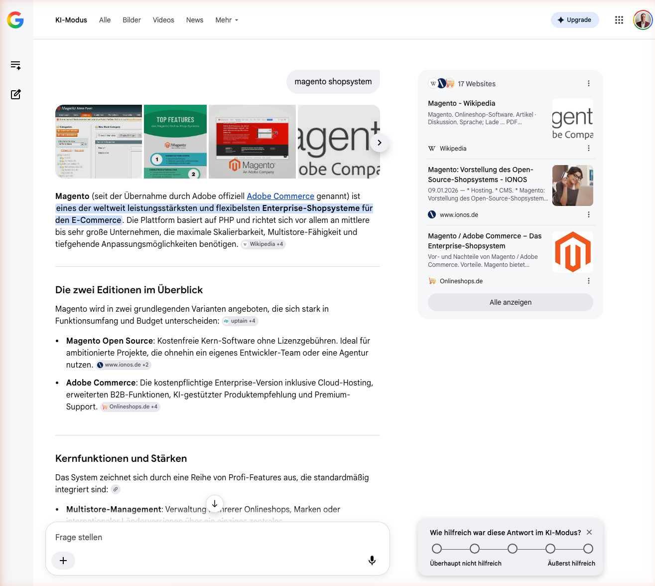 Google AI Mode zitiert die Magento-Seite von onlineshops.de als Quelle