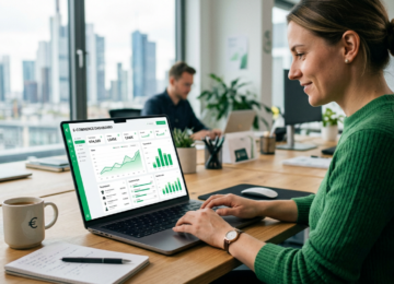 Laptop mit Shopify-Dashboard und Euro-Zeichen - Shopify Kosten 2026 Übersicht