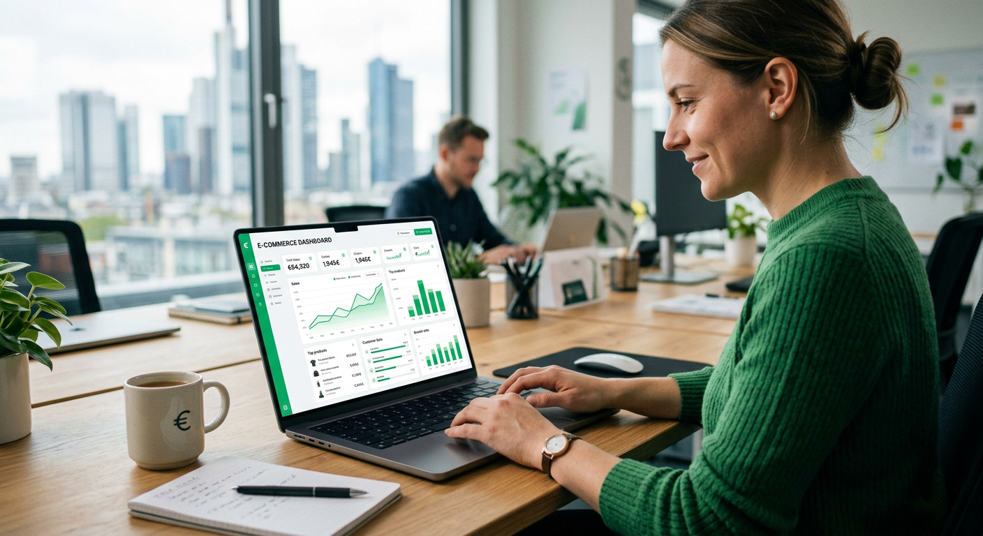 Laptop mit Shopify-Dashboard und Euro-Zeichen - Shopify Kosten 2026 Übersicht
