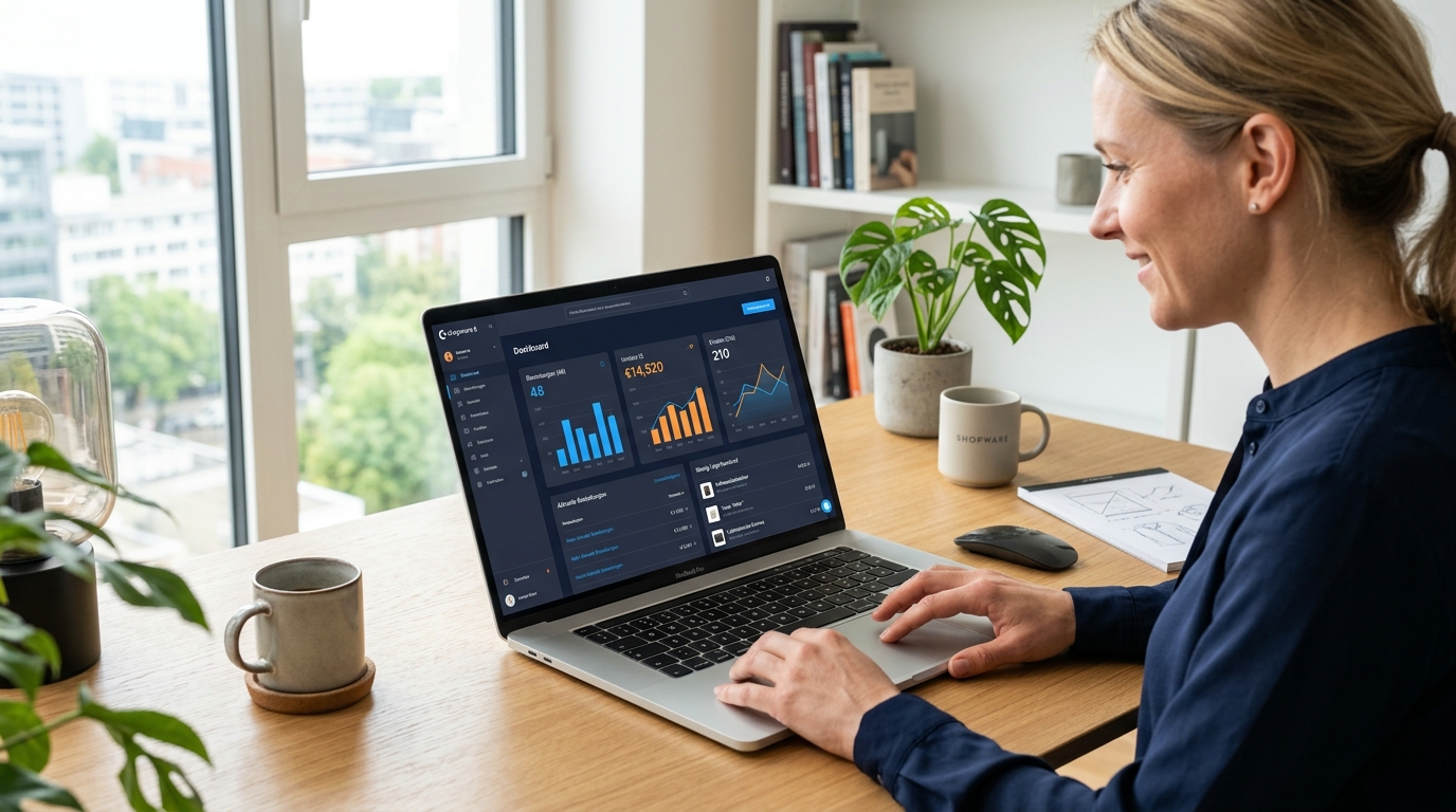 Shopware 6 Admin-Dashboard auf einem Laptop - Tutorial für Anfänger 2026