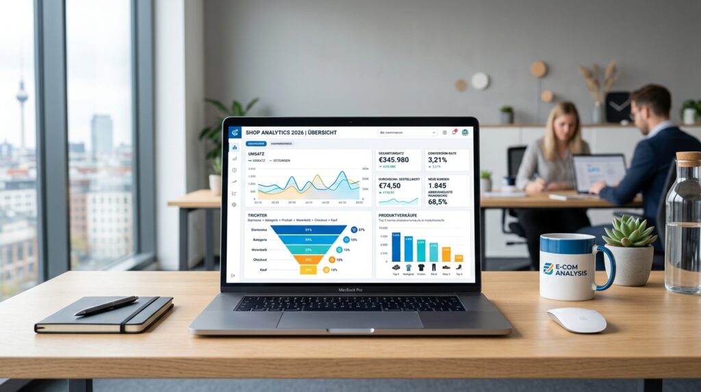 Onlineshop Analytics Dashboard mit Google Analytics 4 KPIs und Conversion Rate Übersicht 2026