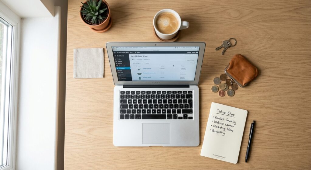 Laptop und Münzen auf Holztisch - Onlineshop mit minimalem Budget starten 2026