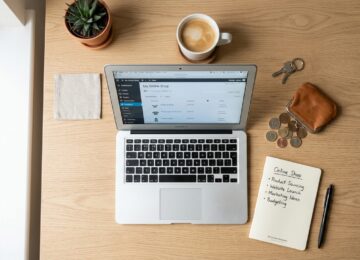 Laptop und Münzen auf Holztisch - Onlineshop mit minimalem Budget starten 2026