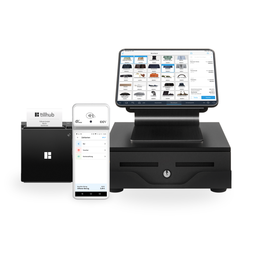 Tillhub Kassensystem mit Bondrucker, Geldlade und Touchscreen-Terminal
