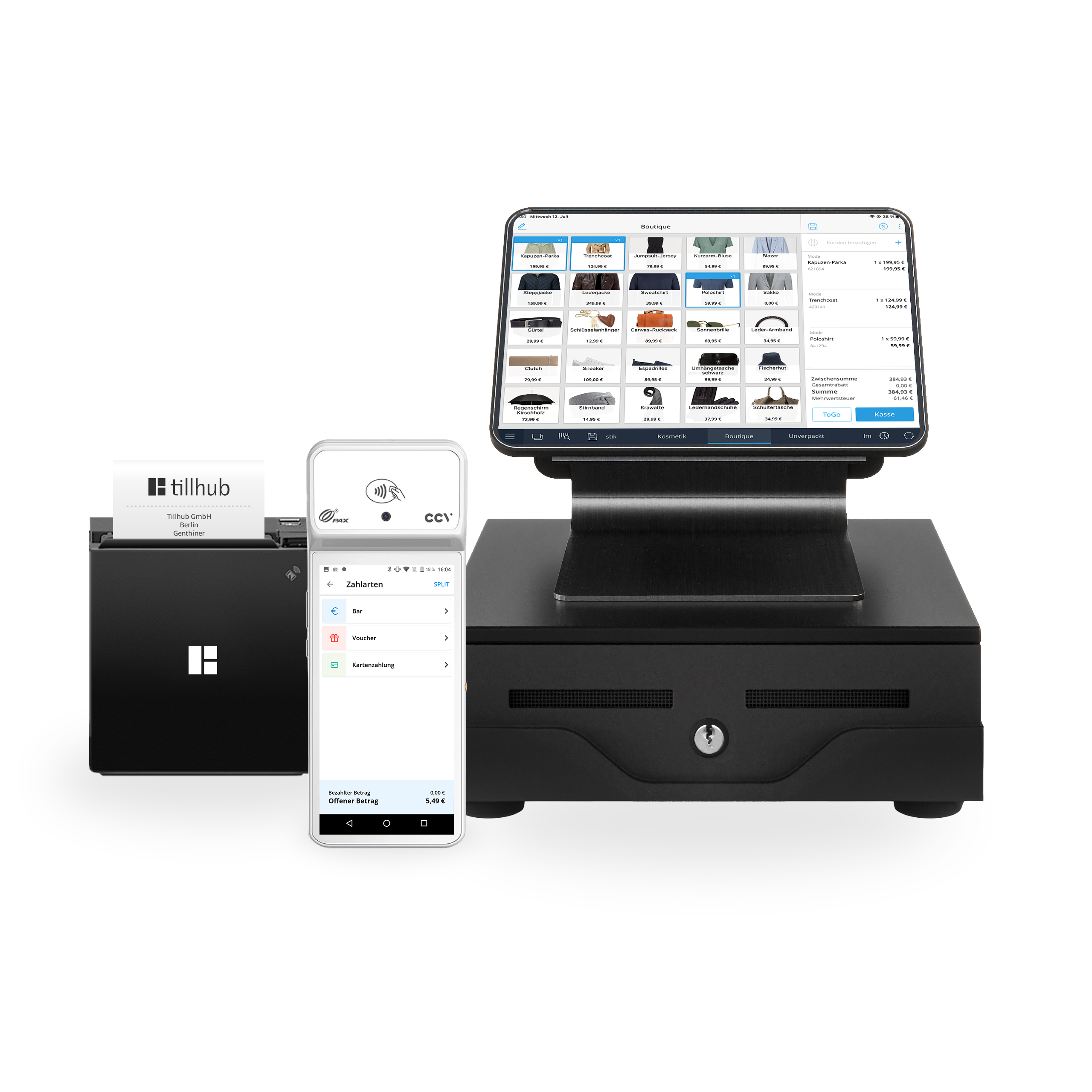 Tillhub Kassensystem mit Bondrucker, Geldlade und Touchscreen-Terminal